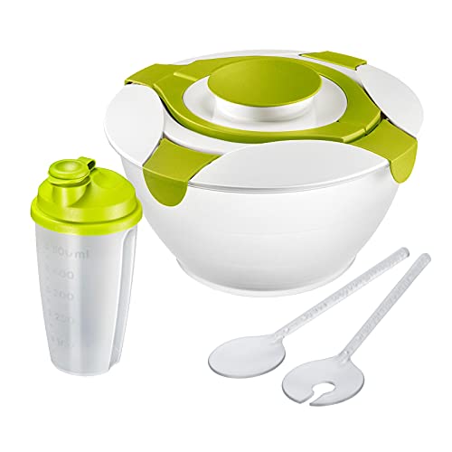 Westmark Set à Salade, 3 pièces, Saladier, Couverts à Salade et Shaker à Vinaigrette, Plastique, Transparent/Vert, 242222E7