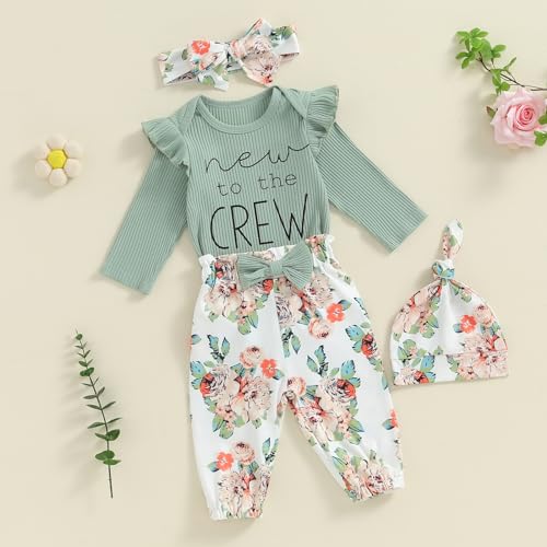 Madjtlqy Newborn Baby Girl Fall Winter Clothes Long Sleeve Ribbed Romper Top Bow Pants Headband Hat Set Coming Home Outfits3