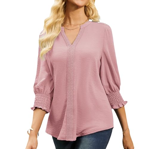 GRACE KARIN Damen 3/4 Ärmel V-Ausschnitt Spitze Oberteil Elegant Einfarbig Bluse Tuniken Rosa M