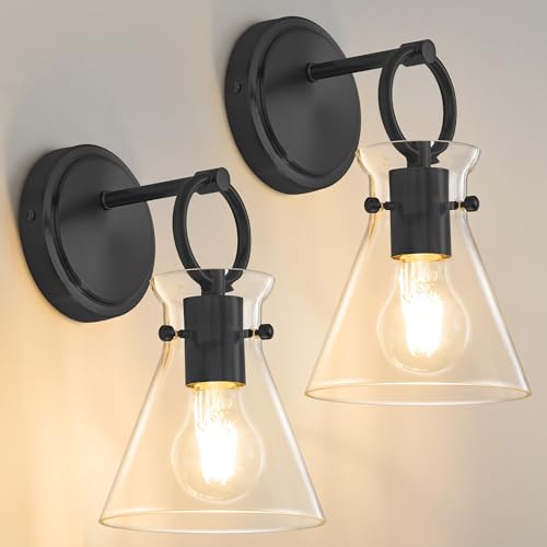 Image of Wall Sconces 2 Pack Vanity Light Fixtures for Bathroom Black | Wall Mount Lighting Lamp, Farmhouse Wall Lights 6'' Clear Glass, Hardwired for Mirror