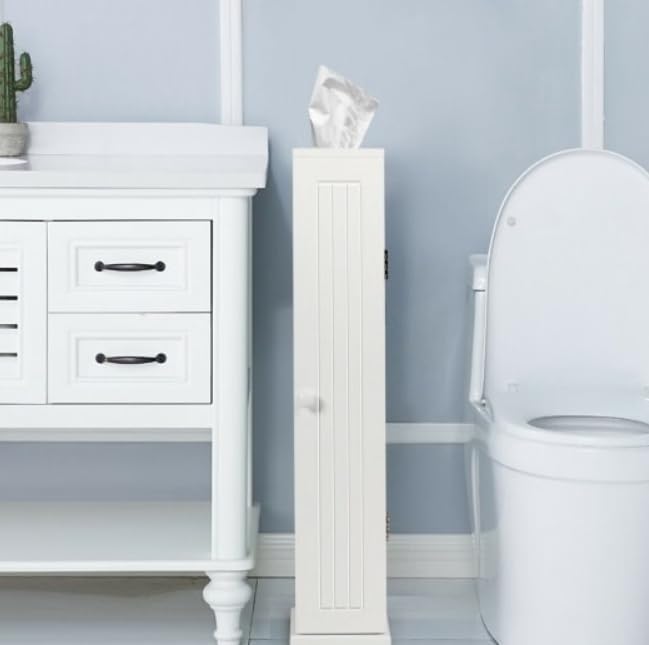 Free Standing Toilet Paper Storage Cabinet with Shelves, Slim Bathroom Floor Cabinet, White MDF Organizer for Small Spaces