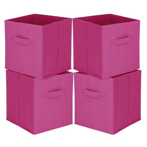 Holdfiturn 4 Pcs Collapsible Storage Cubes 27x27x28cm Foldable Fabric Storage Bins with Handles Tidy Clothes Organizer Open-Top Toys Box for Closet Shelves Drawer Bedroom (Rose Red)
