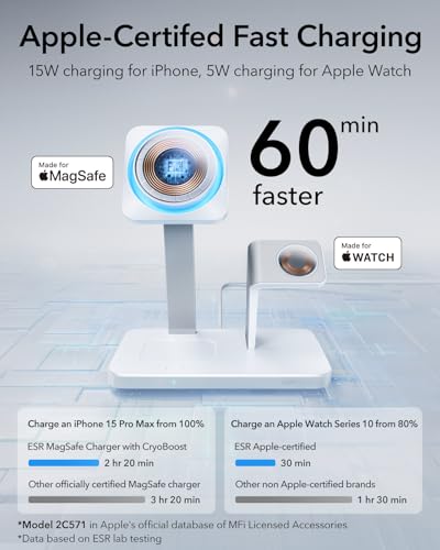 Image of ESR 25W 3-in-1 Charger Stand for Magsafe, Made for Apple-Certified Magnetic Wireless Charger, 15W Charging Station for iPhone 17-12 Apple Watch /AirPods Pro, Phone-Cooling Charger, White
