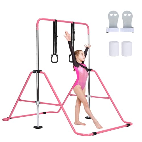 M.J COMFY-LIFE Gymnastics Bar Adjustable Junior Bar for Kids Ages 6-12 with Rings & Grips – Safe Triangular Gymnastic Bar for Home, gymnastics pole 5 Height Levels, up to 120 lbs (Without Mat, Pink)