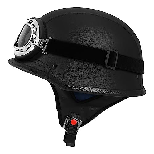 TCMT DOT German Motorcycle Open Face Helmet for Chopper Cruiser Biker (Black PU Leather, XL)