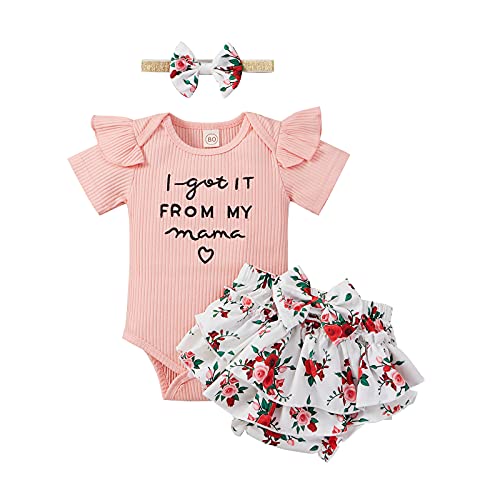 Yccutest Newborn Baby Girl Clothes Toddler Summer Outfits Set Cute Short Sleeve Romper + Floral Shorts + Bow Headband (Pink,6-12 Months)