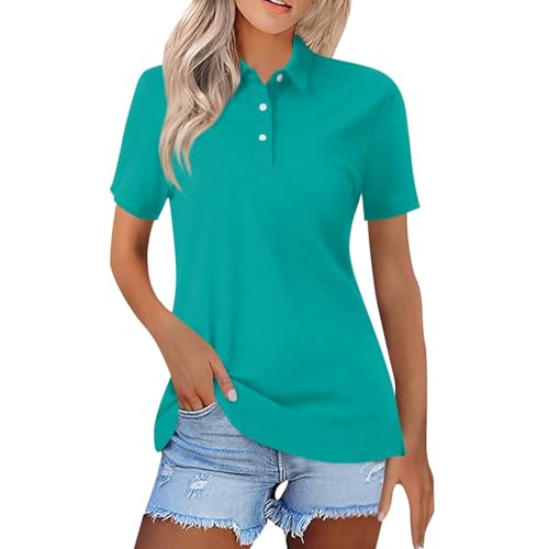 Image of FUNRKLI Polo Shirts for Women Collared Short Sleeve Blouses Summer Button Down Tops Business Casual Shirts Dressy Office Wear Teal