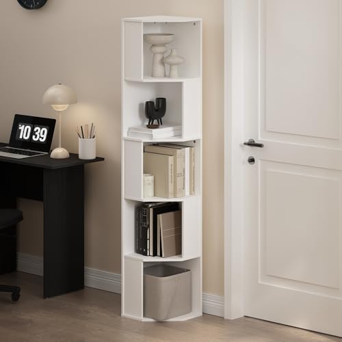 Image of Furinno ECON Corner Shelf, 5-Tier Corner Book Shelf, Standing Storage Shelves, Cube Display Rack, Bookshelf, for Organization and Storage, Living Room, Home Office, White