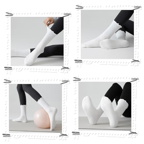 Image of 3 Pairs Pilates Socks with Grips for Women Non Slip Grip Ruffle Yoga Ankle Grippy Socks