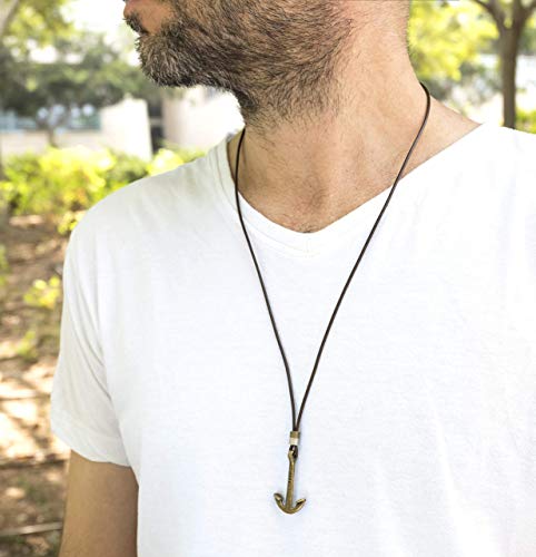 Men's Anchor Necklace, Long Genuine Brown Leather & Brass Pendant Necklace For Men, Handmade Nautical Ocean Surfer Jewelry For Guys By Magoo #TOP1