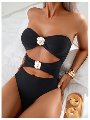 Milumia Women's 3D Floral Cut Out Bandeau Swimwear Sexy Strapless One Piece Swimsuits2