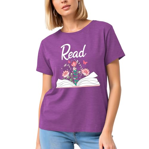 Image of Read Book Shirt for Women-Reading Teacher Tee Tops Pink Flower and Butterfly Short Sleeve Cute Book Shirt