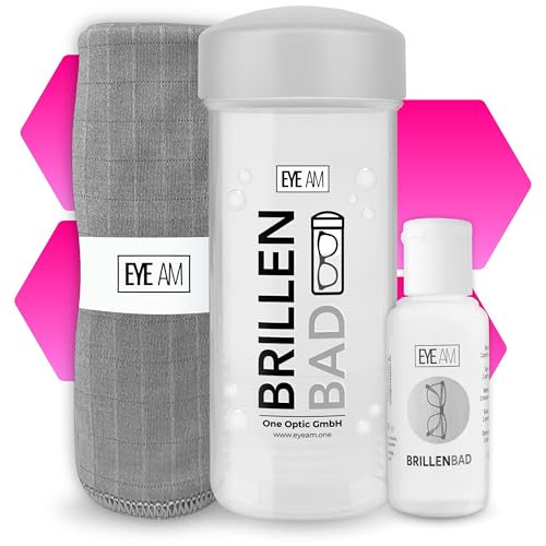 EyeAm Brillenbad (Grau) im Set mit 50ml Spezialreiniger & Mikrofasertuch | Brillenputztuch in Optiker Qualität | Brillenreinigung für jede Brille