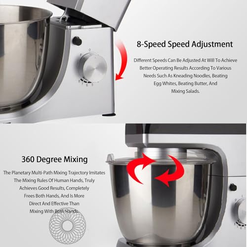 Chef Machine, 1000W Stand Tilt-Head Food Mixer, 8 Speed Kitchen Mixer, with 5L Stainless Steel Mixing Bowl, Removable Splash Guard, Dough Hook, Wire Whip & Beater, for Baking and Mixing - Image 3