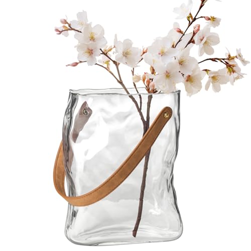 Torre & Tagus Jarrón de cristal para flores con asa, jarrón transparente de 9.5 pulgadas de alto y jarrón de vidrio hecho a mano para decoración del hogar, centros de mesa, 7.5 x 9.5 pulgadas,