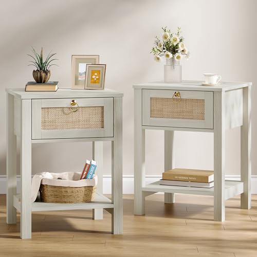 Eclatara Rattan Nightstand Set of 2: Sturdy White Night Stand with Rattan Decor Drawer, Farmhouse Nightstand Bedside Table Boho End Tables Side Tables for Bedroom (Cream White Oak,2 Pieces)