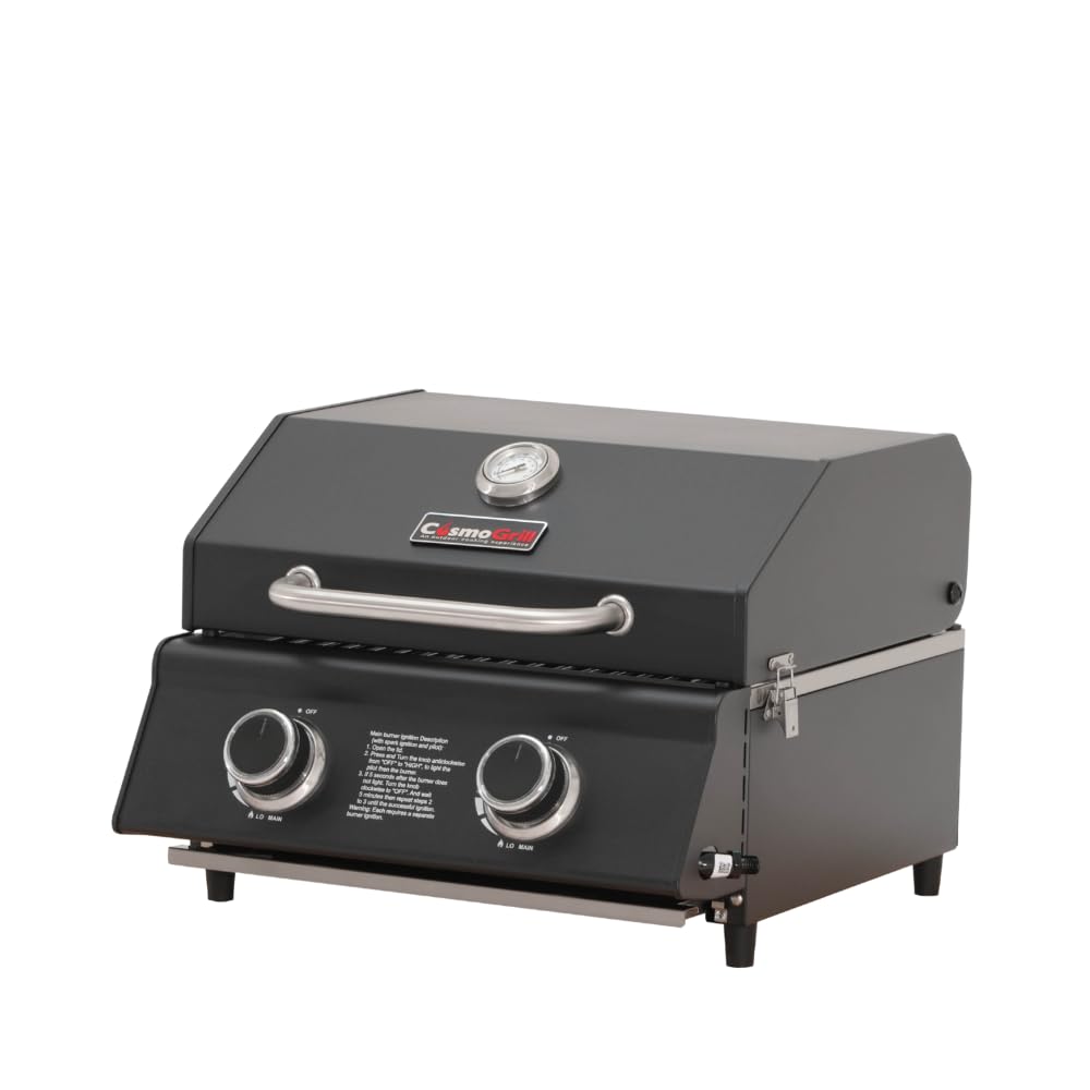 Cosmogrill Black Compact 2 Burner Gas Barbecue, Built-In Temperature Gauge For Patio Terrace, Camping, Home Garden Party Outdoor Bbq Table Top Cooking