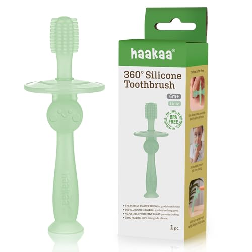Image of haakaa 360° Silicone Baby Toothbrush – 100% Soft Food Grade Silicone, BPA-Free, Suction Base, Safe for Babies 6 Months+, Gentle Gum and Teeth Cleaning for Infants, Gum Massager (Lime)