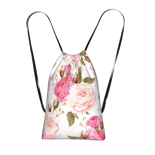 Pcoiuyb Rosa rosa y blanca,Mochila con cordón unisex, bolsa de deporte, bolsa de gimnasio, mochila plegable con cordón