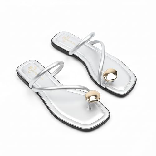 SEDFGLS Women'S Strappy Flat Toe Ring Sandals Fashionable Square Open Toe Slip-On Slide Sandals Casual Summer Beach Flop Flat Slipper (Silver,8.5)