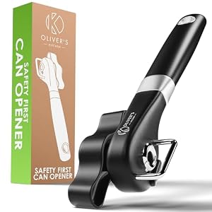 Oliver’s Kitchen ® Premium Safety Can Opener – Open Tins and Cans with Ease – Safety First Leaving a Smooth Edge – Comfortable Grip Handle