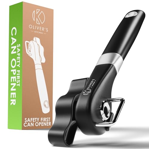 Olivers Kitchen Premium Safety Can Opener - Open Tins and Cans with Ease - Safety First Leaving a Smooth Edge - Comfortable Grip Handle