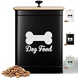 Dog Food Container Airtight 5-7 lb (25 Cup) Capacity - Cute Airtight Dog Food Storage Container with Bamboo Lid & Sturdy Metal Handle - Black Metal Kibble Storage Bin for Dogs up to 50 lbs - Pet Jar