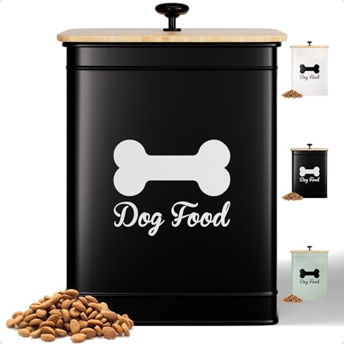 Dog Food Container Airtight 5-7 lb (25 Cup) Capacity - Cute Airtight Dog Food Storage Container with Bamboo Lid & Sturdy Metal Handle - Black Metal Kibble Storage Bin for Dogs up to 50 lbs - Pet Jar