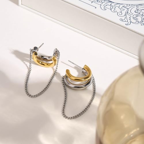 Chunky Gold Hoop Earrings Statement 18K Gold Plated Two Tone C Hoop Earrings Stainless Steel Thick Hypoallergenic Hoops Earrings for Women (Gold Silver) by KURTCB - Used condition - Image 3