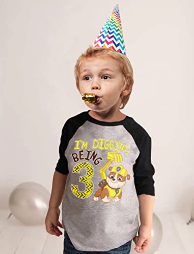 Image of Tstars Paw Patrol Rubble 3rd Birthday Baseball Tee Toddler Boy 3 /4 | Soft raglan Rubble digging tee for turning three; great for 3rd birthday, construction party, photo gift