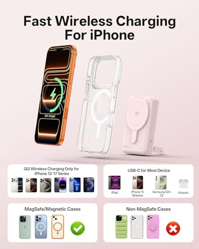 MagSafe Portable Charger 10000mAh Qi2 15W Fast Charging Magnetic Power Bank, Battery Pack with Foldable Stand, PD20W USB-C Built in Cable, Mag Safe Only for iPhone 17/16/15/14/13/12 Series — view 2