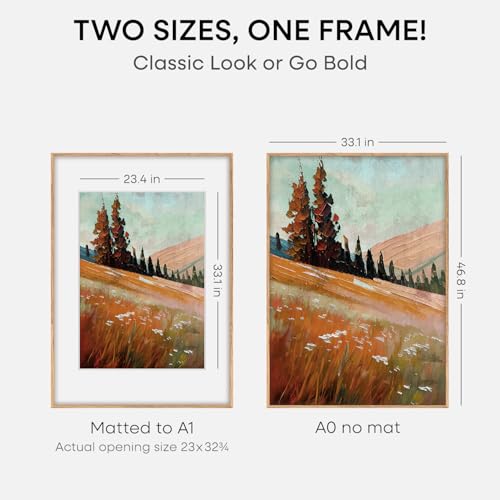 Image of Homeforia A0 Natural Oak Poster Frame, High-End Wood, A1 Mat, Glass | High End Solid Oak Wood, Tempered Glass, Acid-Free A1 Removable Mat, A0 Edge-to-Edge Display, Wall Kit, Set Of 1
