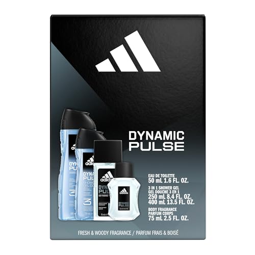 Image of Adidas Dynamic Pulse Aftershave Giftset - 1.6 fl oz EDT + 2.5 fl oz + 8.4 fl oz + 13.5 fl oz Shower Gel, Notes of Mint, Apple, and Wood, Men's Fragrance, Long Lasting, Sporty