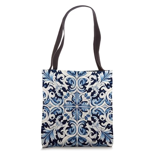 Bolso Tote con diseño de azulejo portugués azul y blanco miniatura 1
