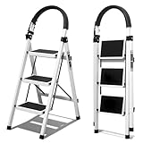 Escalera Plegable 3 peldaños con pasamanos y con Pedal Antideslizante | Taburete Multifuncional con Superficie | Escaleras Plegables Domésticas | Step Ladder para Hogar (3 escalones)