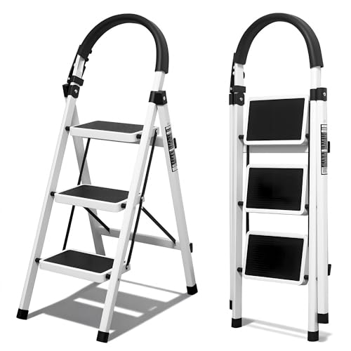 Escalera Plegable 3 peldaños con pasamanos y con Pedal Antideslizante | Taburete Multifuncional con Superficie | Escaleras Plegables Domésticas | Step Ladder para Hogar (3 escalones)