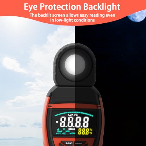 GOYERRNES Illuminance Light Meter, Digital Lux Foot Candles Meter 0.1~400,000 Lux (0.1~40,000 FC) with 270º Rotatable Detector, Lumen Meter Luxmeter for Indoor Outdoor(Multicolor Backlit) - Thumbnail 6