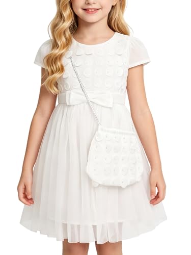 BONNY BILLY Vestido Niña Manga Corta Tul Apliques Fiesta Boda Ceremonia Comunión Bautizo con Bolsa 3 4 Años Blanco