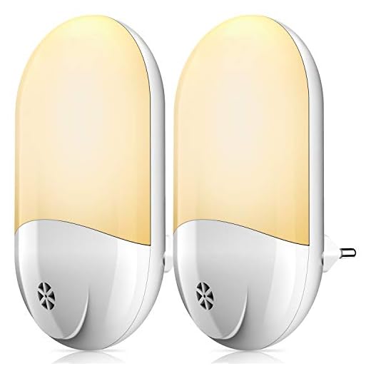 Luz nocturna para niños, BICASLOVE luz nocturna LED Plug-and-Play, automática luz nocturna de toma con sensor crepuscular para dormitorios, salones, baños, pasillos, cocina (2 unidades blanco cálido)