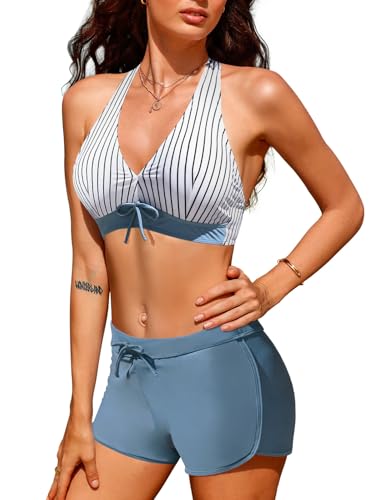 Tuopuda Bikini Mujer Push Up Cintura Alta Traje de Baño Dos Piezas Conjunto de Bikini Biquini con Relleno Bikini Top con Brasileño Braga Alta Natacion Playa, Rayas&Azul, M