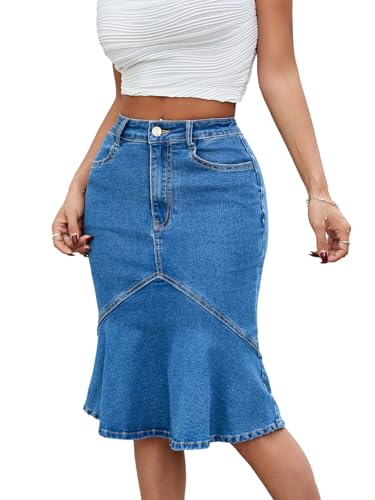 Women's Fishtail Denim Skirt Mid Rise Patchwork Below Knee Length Flared Jean Skirts2