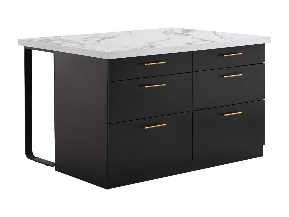 Vente-unique - Isla de Cocina con 6 cajones de MDF y Metal - Negro y Efecto Mármol Blanco - ALEGRITA