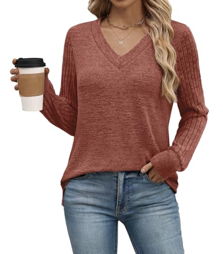 WIHOLL Sleeve Patchwork Shirts for Women Loose Fit V Neck Fall Outfits 2025 Trendy Sweaters Casual Tunic Tops4