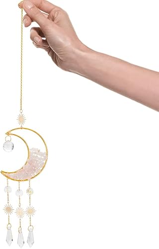 Miniatura 3 de BENECREAT Atrapasoles de cristal de luna creciente con cuentas de cuarzo rosa natural, adornos de prisma para colgar en la ventana, atrapasoles de