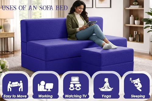 Image of Rosebell Foldable Sofa-Cum-Bed with Ottoman | 3-in-One Foldable Sofa, Lounger & Bed-5x6 Feet Three Seater- Perfect for Home & Office -Purple-Color