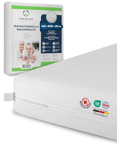 Sensalou Matratzenbezug 140 x 200 x 15 cm Wasserdicht und Milbendicht als Encasing gegen Hausstaubmilben und Bettwanzen Geräuschloser Matratzenschutz für Allergiker mit Reißverschluss