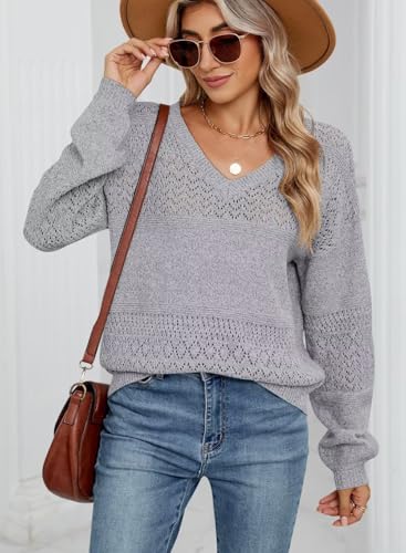 Image of JOCAFIYE Womens Sweaters Casual Long Sleeve V Neck Lightweight Hollow Out Pullover Sweater Tops