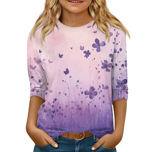 Baby Girl Clothes 3/4 Sleeve Round Neck Shirts Floral Print Pullover Blouses Summer Cute Three Quarter Length Tops