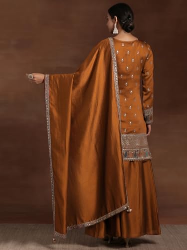 Image of Libas Womens Embroidered Silk Blend Straight Kurta With Palazzos and Dupatta | ethnic wear | bridal suit | wedding dress | occasion wear