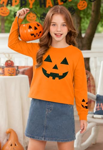 Image of BesserBay Girls Halloween Crop Tops Orange Print Spooky Shirt 6-14 Years